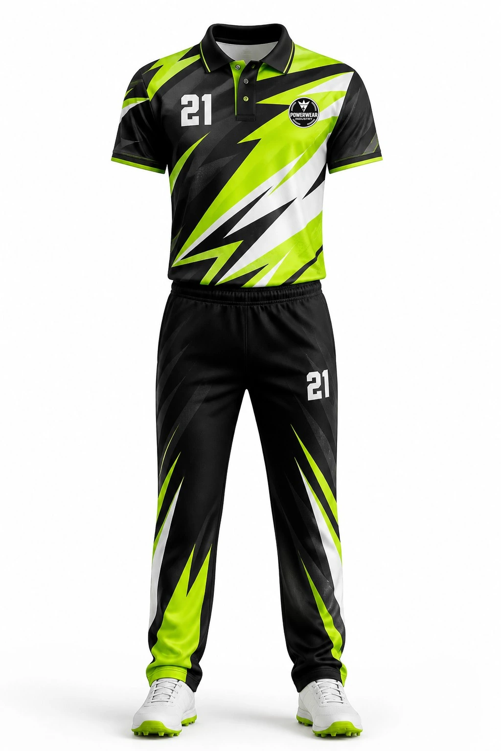 Custom Cricket Uniform — Design 05 by Power Wear Industry with left-chest logo