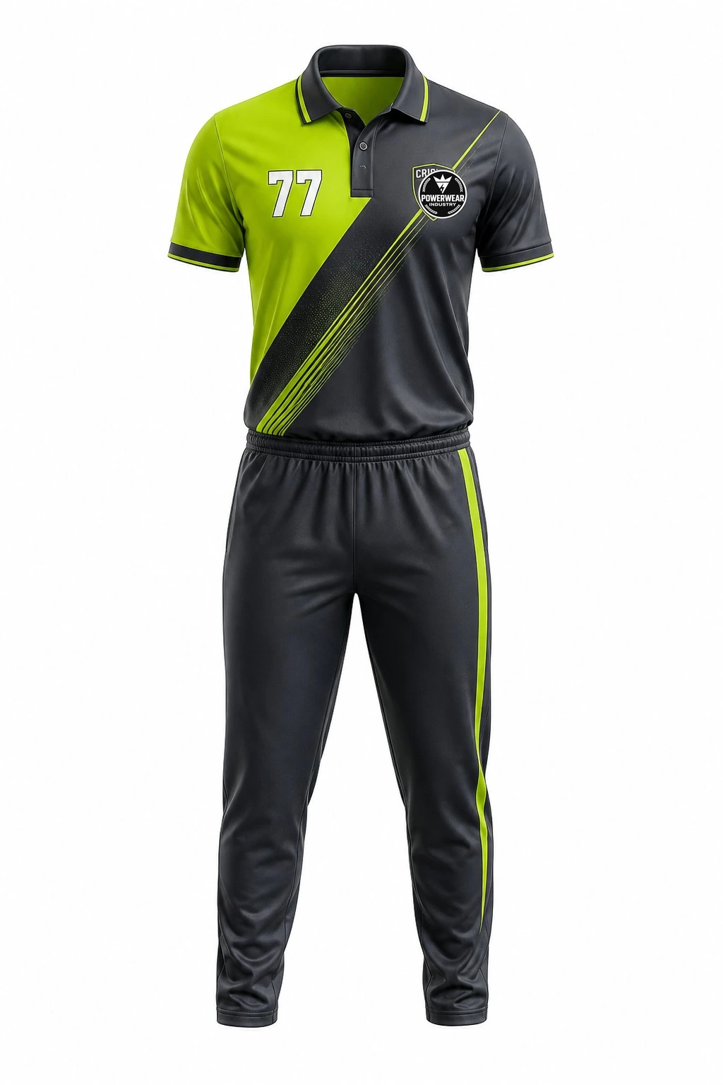 Custom Cricket Uniform — Design 12 by Power Wear Industry with left-chest logo